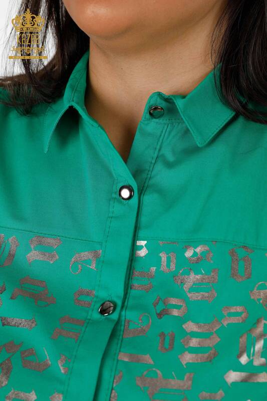Toptan Kadın Gömlek Desenli Yanları Yırtmaçlı Koton - 20080 | KAZEE