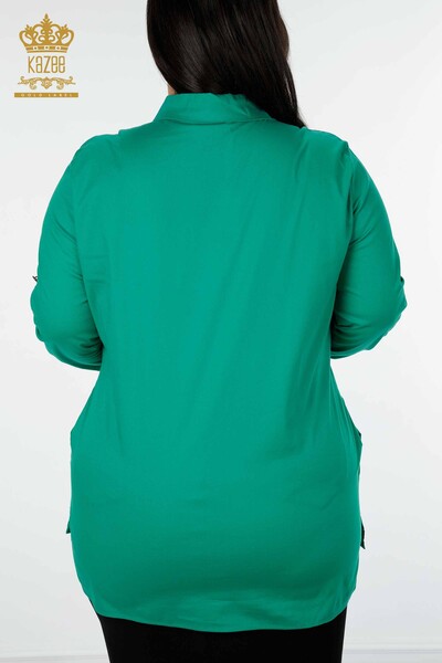 Toptan Kadın Gömlek Desenli Yanları Yırtmaçlı Koton - 20080 | KAZEE - Thumbnail
