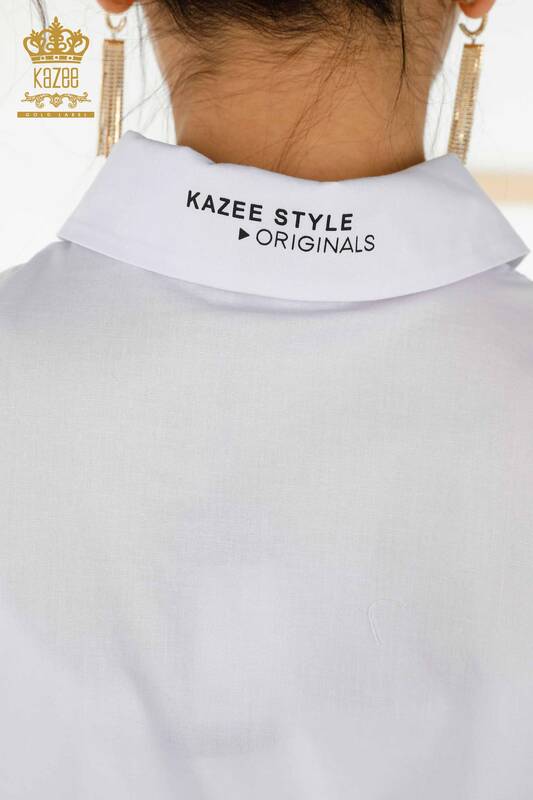 Toptan Kadın Gömlek Düğme Detaylı Beyaz - 20328 | KAZEE