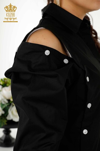 Toptan Kadın Gömlek Düğme Detaylı Siyah - 20328 | KAZEE - Thumbnail