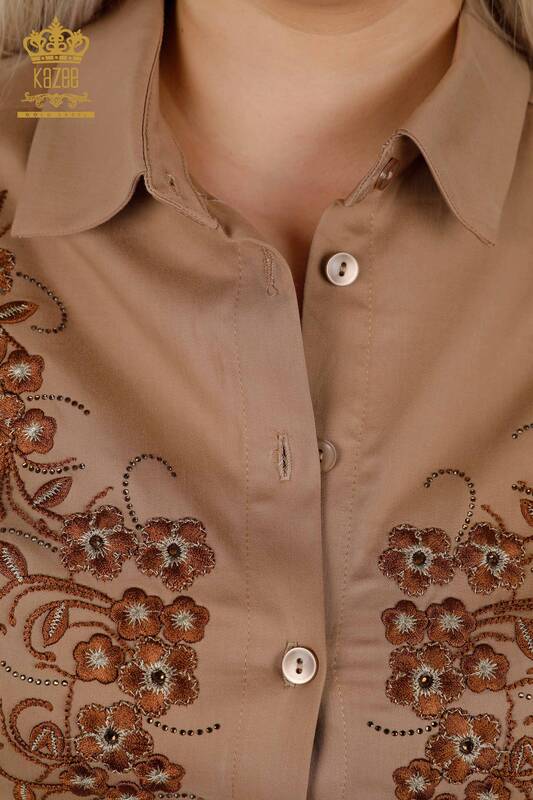 Toptan Kadın Gömlek Düğme Detaylı Vizon - 20395 | KAZEE