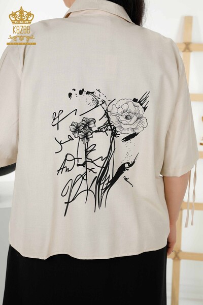 Toptan Kadın Gömlek Elbise Çiçek Desenli Bej Siyah - 20367 | KAZEE - Thumbnail