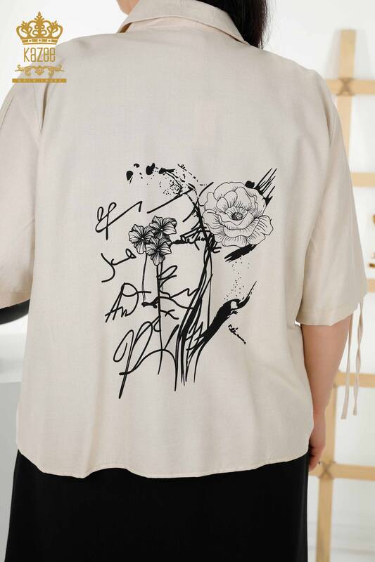 Toptan Kadın Gömlek Elbise Çiçek Desenli Bej Siyah - 20367 | KAZEE