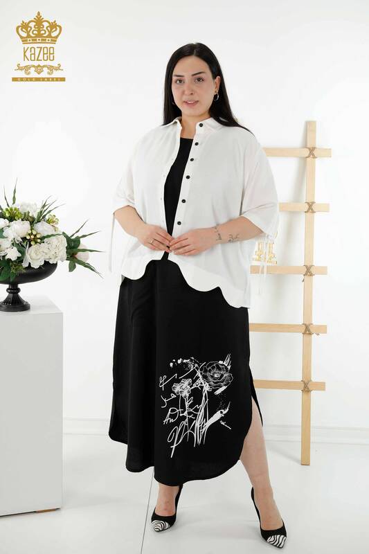 Toptan Kadın Gömlek Elbise Çiçek Desenli Beyaz Siyah - 20367 | KAZEE