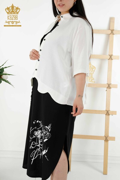 Toptan Kadın Gömlek Elbise Çiçek Desenli Beyaz Siyah - 20367 | KAZEE - Thumbnail