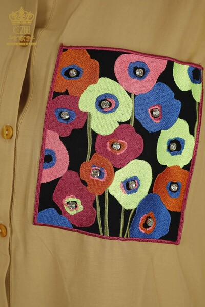Toptan Kadın Gömlek Elbise Çiçek İşlemeli Bej - 2402-211664 | S&M - Thumbnail