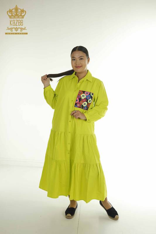 Toptan Kadın Gömlek Elbise Çiçek İşlemeli Fıstık Yeşil - 2402-211664 | S&M