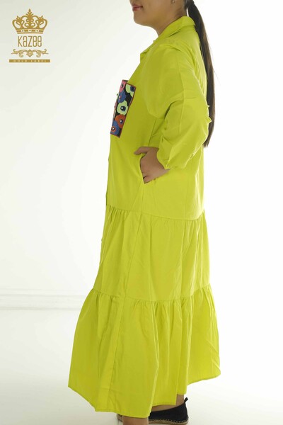 Toptan Kadın Gömlek Elbise Çiçek İşlemeli Fıstık Yeşil - 2402-211664 | S&M - Thumbnail