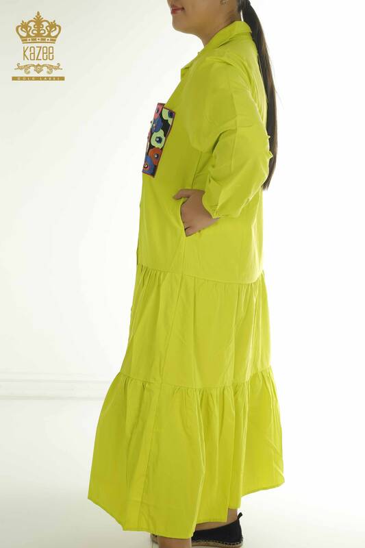 Toptan Kadın Gömlek Elbise Çiçek İşlemeli Fıstık Yeşil - 2402-211664 | S&M
