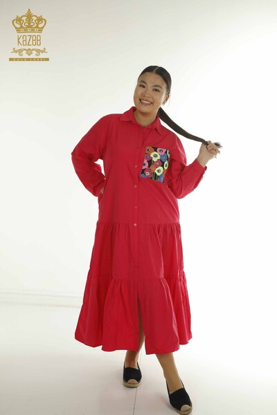 Toptan Kadın Gömlek Elbise Çiçek İşlemeli Kırmızı - 2402-211664 | S&M - Thumbnail