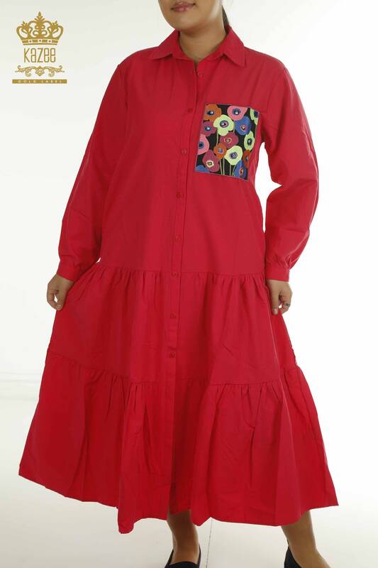 Toptan Kadın Gömlek Elbise Çiçek İşlemeli Kırmızı - 2402-211664 | S&M