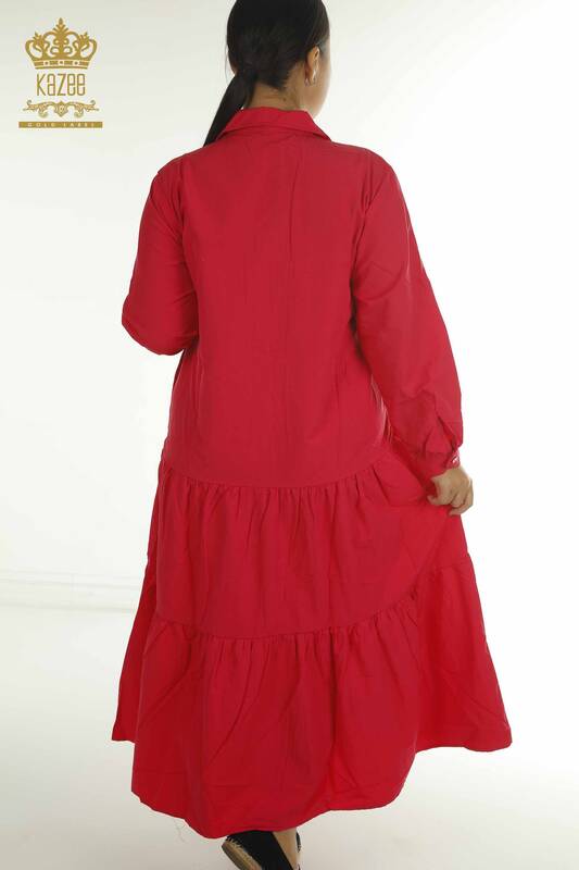 Toptan Kadın Gömlek Elbise Çiçek İşlemeli Kırmızı - 2402-211664 | S&M