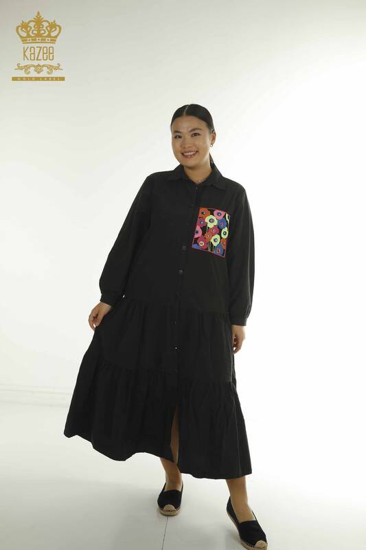 Toptan Kadın Gömlek Elbise Çiçek İşlemeli Siyah - 2402-211664 | S&M