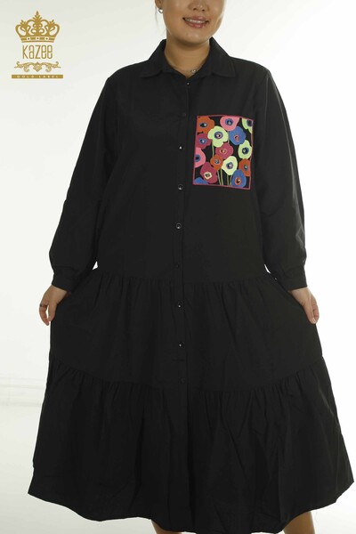 Toptan Kadın Gömlek Elbise Çiçek İşlemeli Siyah - 2402-211664 | S&M - Thumbnail
