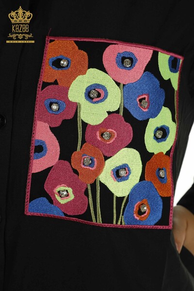 Toptan Kadın Gömlek Elbise Çiçek İşlemeli Siyah - 2402-211664 | S&M - Thumbnail