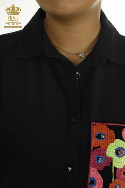 Toptan Kadın Gömlek Elbise Çiçek İşlemeli Siyah - 2402-211664 | S&M