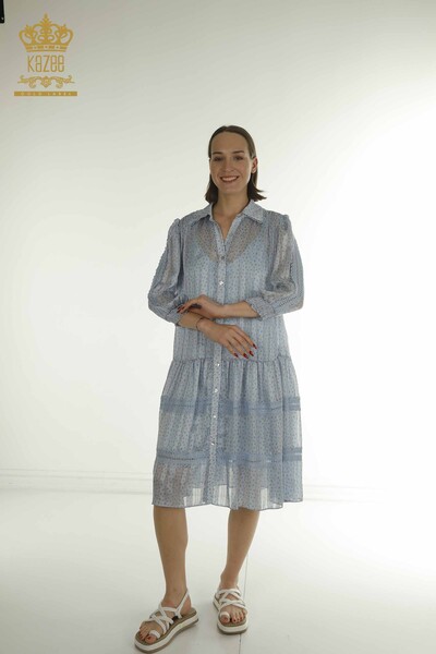 Kazee - Toptan Kadın Gömlek Elbise Desenli Mavi - 17172 | KAZEE