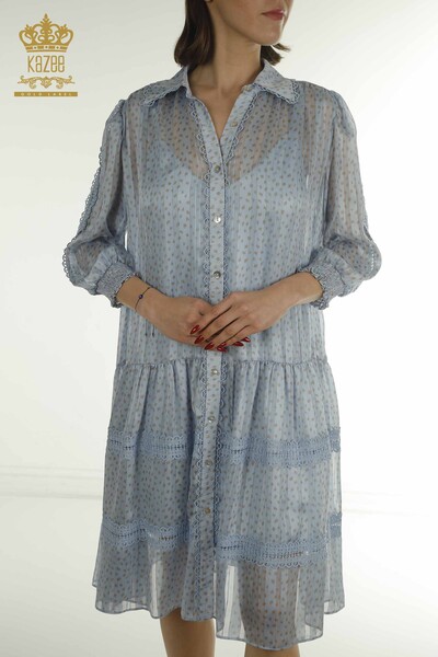 Toptan Kadın Gömlek Elbise Desenli Mavi - 17172 | KAZEE - Thumbnail (2)