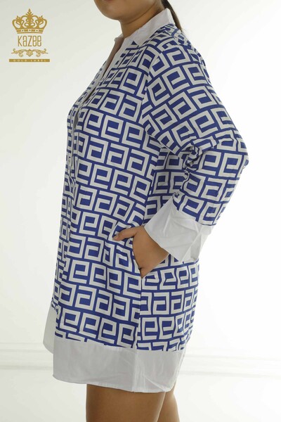 Toptan Kadın Gömlek Elbise Düğme Detaylı Mavi - 2402-211638 | S&M - Thumbnail