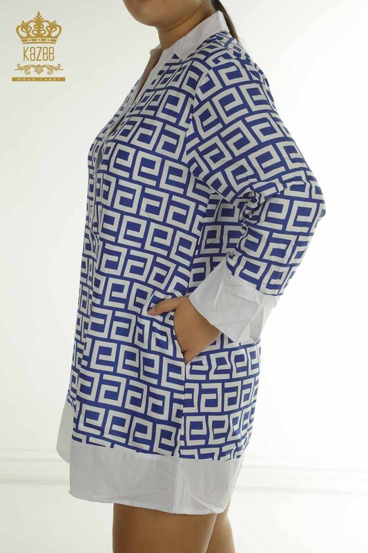 Toptan Kadın Gömlek Elbise Düğme Detaylı Mavi - 2402-211638 | S&M