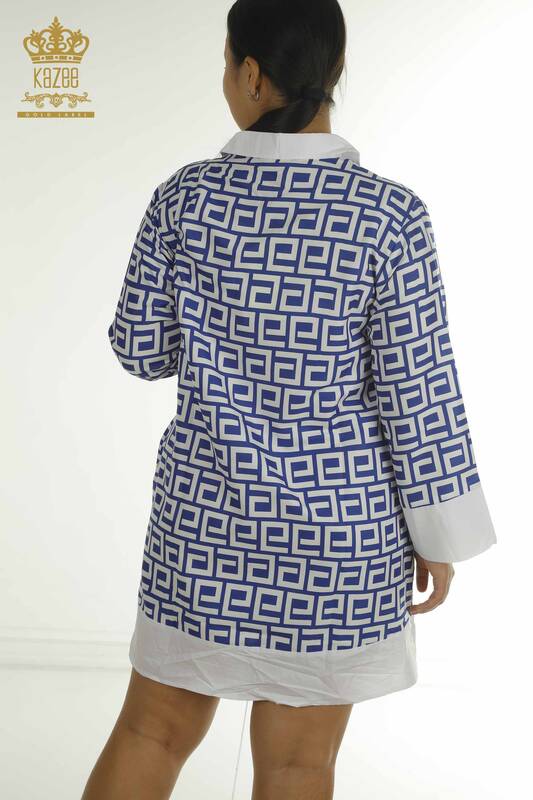 Toptan Kadın Gömlek Elbise Düğme Detaylı Mavi - 2402-211638 | S&M