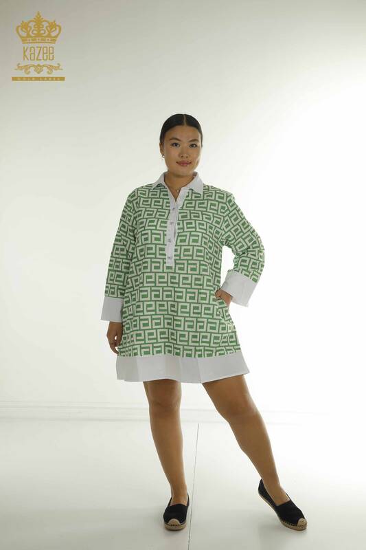 Toptan Kadın Gömlek Elbise Düğme Detaylı Yeşil - 2402-211638 | S&M