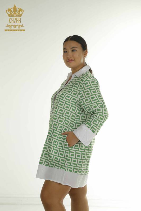 Toptan Kadın Gömlek Elbise Düğme Detaylı Yeşil - 2402-211638 | S&M