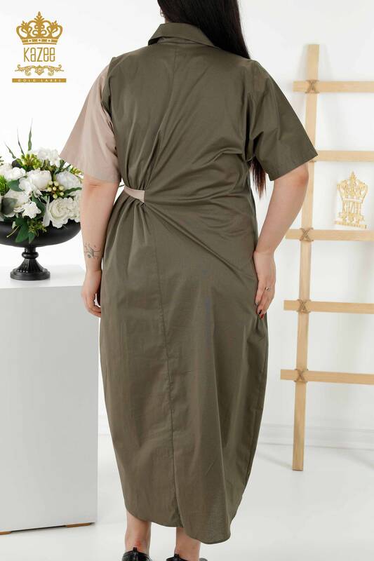 Toptan Kadın Gömlek Elbise İki Renkli Haki Bej - 20378 | KAZEE