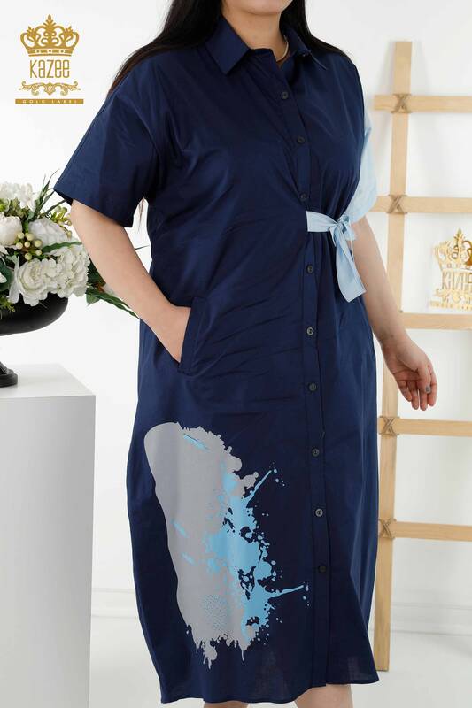 Toptan Kadın Gömlek Elbise İki Renkli Lacivert Mavi - 20378 | KAZEE
