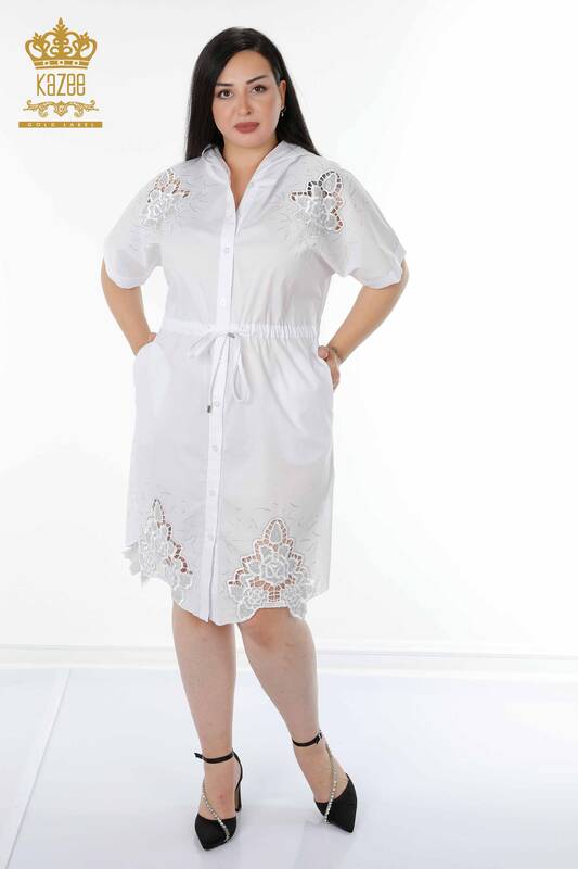 Toptan Kadın Gömlek Elbise Kapüşonlu Çiçek Desenli Beyaz - 20217 | KAZEE