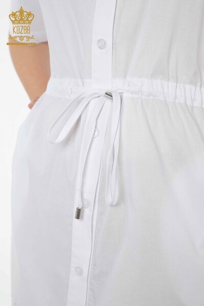 Toptan Kadın Gömlek Elbise Kapüşonlu Çiçek Desenli Beyaz - 20217 | KAZEE - Thumbnail
