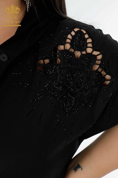 Toptan Kadın Gömlek Elbise Kapüşonlu Çiçek Desenli Siyah - 20217 | KAZEE - Thumbnail