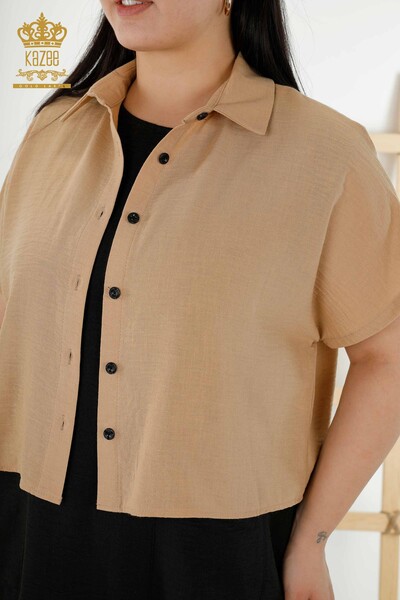 Toptan Kadın Gömlek Elbise Kısa Kol Desenli Bej - 20377 | KAZEE - Thumbnail