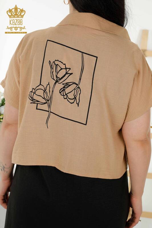 Toptan Kadın Gömlek Elbise Kısa Kol Desenli Bej - 20377 | KAZEE