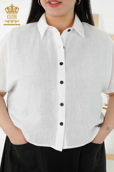 Toptan Kadın Gömlek Elbise Kısa Kol Desenli Beyaz - 20377 | KAZEE - Thumbnail