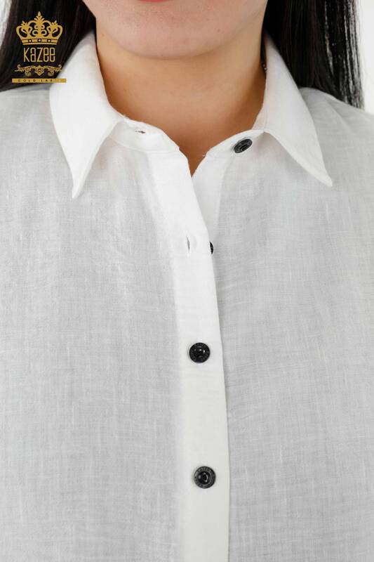 Toptan Kadın Gömlek Elbise Kısa Kol Desenli Beyaz - 20377 | KAZEE