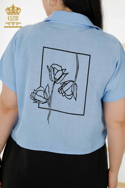 Toptan Kadın Gömlek Elbise Kısa Kol Desenli Mavi - 20377 | KAZEE - Thumbnail
