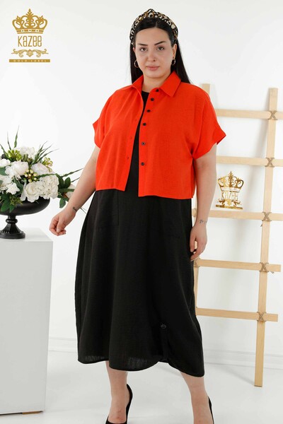 Toptan Kadın Gömlek Elbise Kısa Kol Desenli Oranj - 20377 | KAZEE - Thumbnail