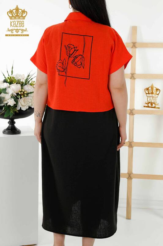 Toptan Kadın Gömlek Elbise Kısa Kol Desenli Oranj - 20377 | KAZEE