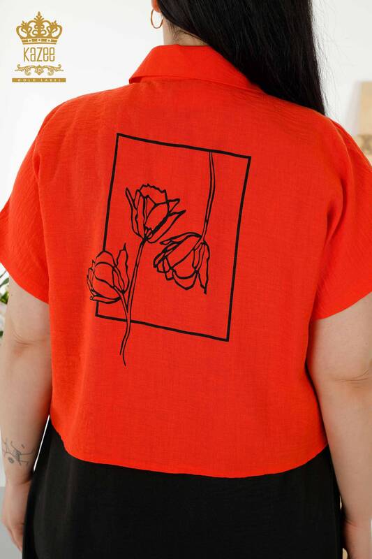 Toptan Kadın Gömlek Elbise Kısa Kol Desenli Oranj - 20377 | KAZEE