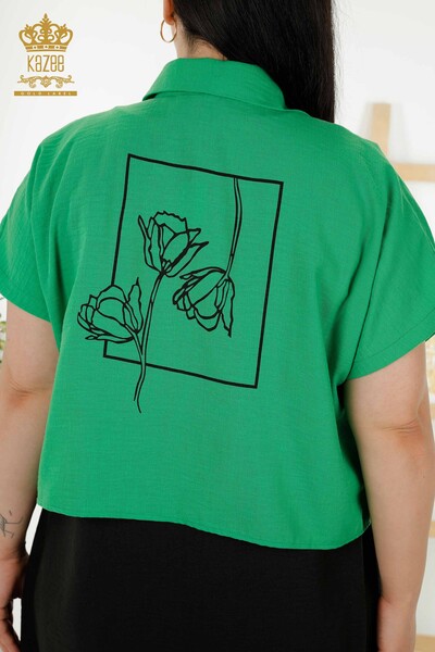Toptan Kadın Gömlek Elbise Kısa Kol Desenli Yeşil - 20377 | KAZEE - Thumbnail