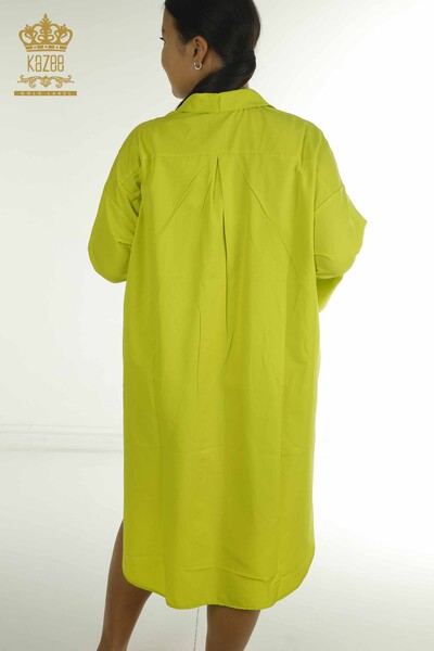 Toptan Kadın Gömlek Elbise Renkli Çiçek İşlemeli Fıstık Yeşil - 2402-211647 | S&M - Thumbnail