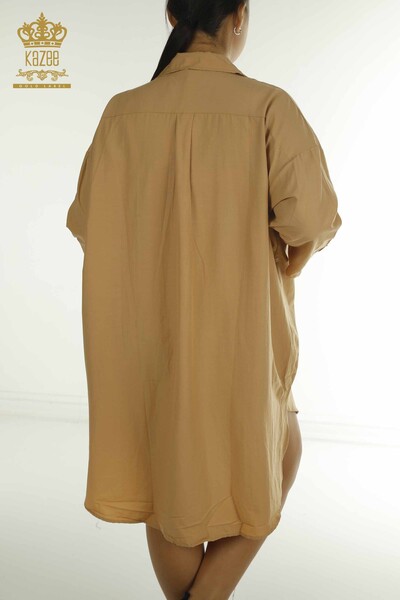 Toptan Kadın Gömlek Elbise Renkli Çiçek İşlemeli Kahve - 2402-211647 | S&M - Thumbnail