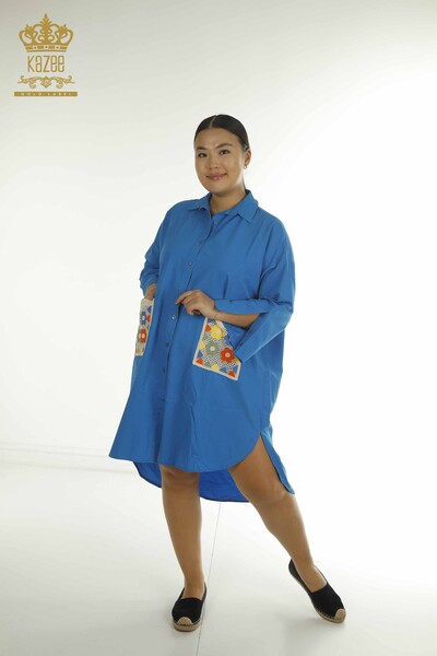 Toptan Kadın Gömlek Elbise Renkli Çiçek İşlemeli Mavi - 2402-211647 | S&M - Thumbnail