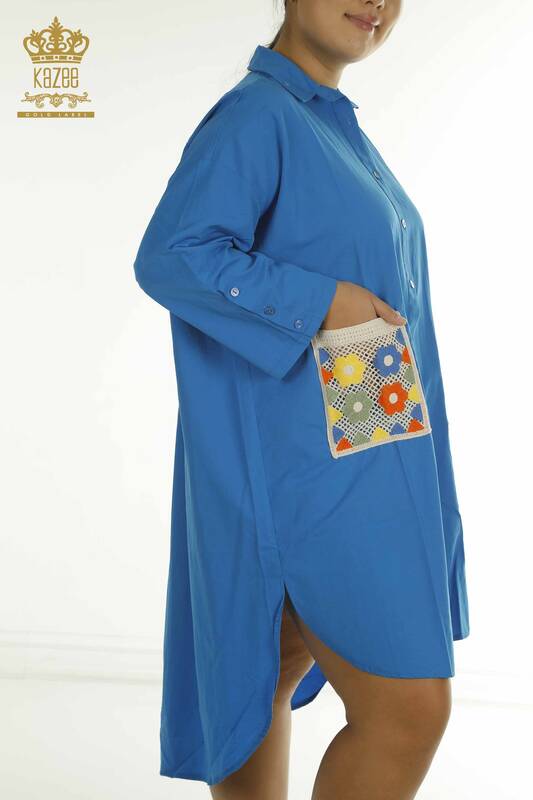 Toptan Kadın Gömlek Elbise Renkli Çiçek İşlemeli Mavi - 2402-211647 | S&M
