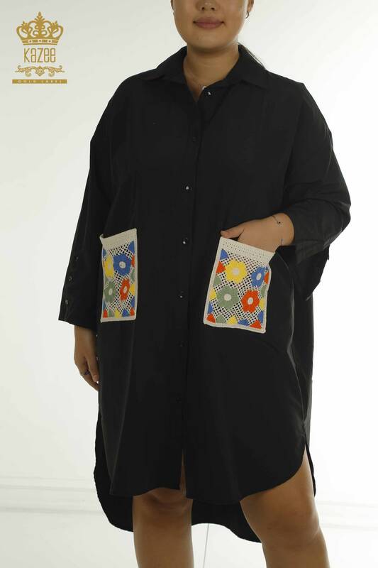 Toptan Kadın Gömlek Elbise Renkli Çiçek İşlemeli Siyah - 2402-211647 | S&M