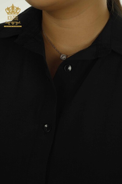 Toptan Kadın Gömlek Elbise Renkli Çiçek İşlemeli Siyah - 2402-211647 | S&M - Thumbnail