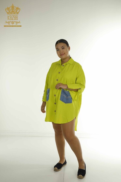 Toptan Kadın Gömlek Elbise Taş İşlemeli Fıstık Yeşil - 2402-211636 | S&M - Thumbnail