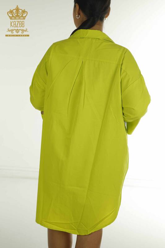 Toptan Kadın Gömlek Elbise Taş İşlemeli Fıstık Yeşil - 2402-211636 | S&M