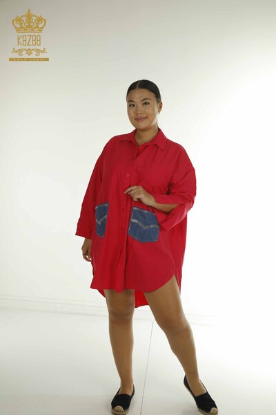 Toptan Kadın Gömlek Elbise Taş İşlemeli Kırmızı - 2402-211636 | S&M - Thumbnail